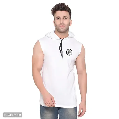 Stylish White Cotton Blend Solid Sleeveless Hoodies For Men