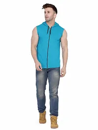 Stylish Turquoise Cotton Blend Solid Sleeveless Hoodies For Men-thumb3