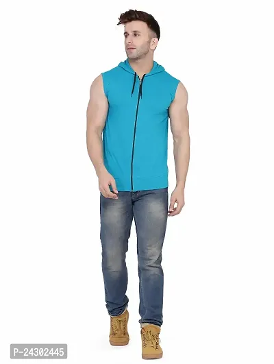 Stylish Turquoise Cotton Blend Solid Sleeveless Hoodies For Men-thumb4