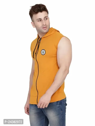 Stylish Golden Cotton Blend Solid Sleeveless Hoodies For Men-thumb3