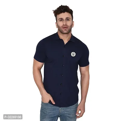 Stylish Navy Blue Cotton Blend Solid Short Sleeves Shirt For Men-thumb0