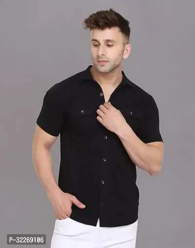 Stylish Black Cotton Blend Solid Short Sleeves Shirt For Men-thumb0