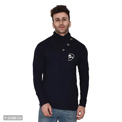 Stylish Navy Blue Cotton Blend Long Sleeves Solid T-Shirt For Men-thumb0