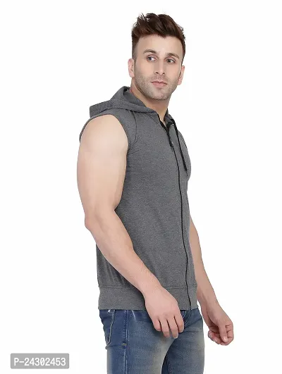 Stylish Grey Cotton Blend Solid Sleeveless Hoodies For Men-thumb4