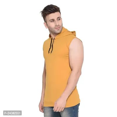 Stylish Golden Cotton Blend Solid Sleeveless Hoodies For Men-thumb3