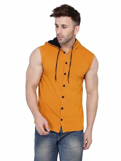 Stylish Cotton Blend Solid Sleeveless Hoodies For Men