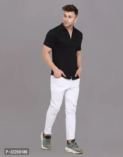 Stylish Black Cotton Blend Solid Short Sleeves Shirt For Men-thumb4