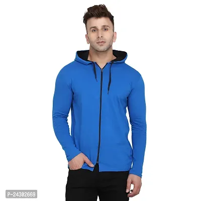 Stylish Blue Cotton Blend Solid Long Sleeves Hoodies For Men-thumb0