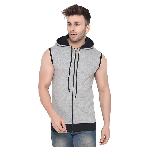 Stylish Blend Solid Sleeveless Hoodies For Men