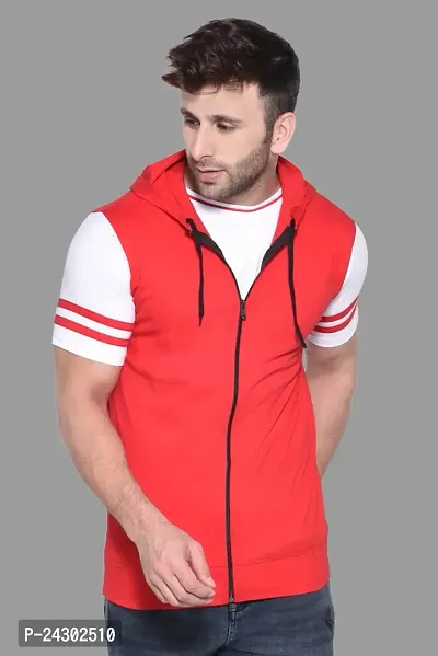 Stylish Red Cotton Blend Solid Short Sleeves Hoodies For Men-thumb0