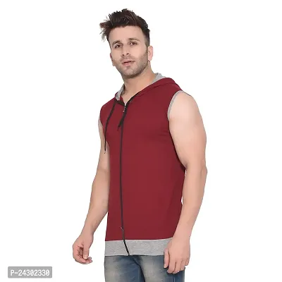 Stylish Maroon Cotton Blend Solid Sleeveless Hoodies For Men-thumb3