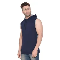 Stylish Navy Blue Cotton Blend Solid Sleeveless Hoodies For Men-thumb2