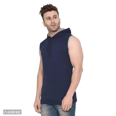 Stylish Navy Blue Cotton Blend Solid Sleeveless Hoodies For Men-thumb3