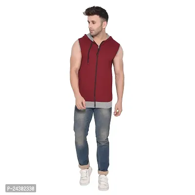 Stylish Maroon Cotton Blend Solid Sleeveless Hoodies For Men-thumb4