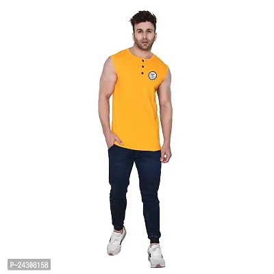 Stylish Yellow Cotton Blend Sleeveless Solid T-Shirt For Men-thumb4