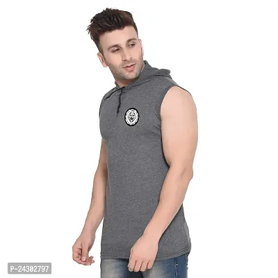 Stylish Grey Cotton Blend Solid Sleeveless Hoodies For Men-thumb3