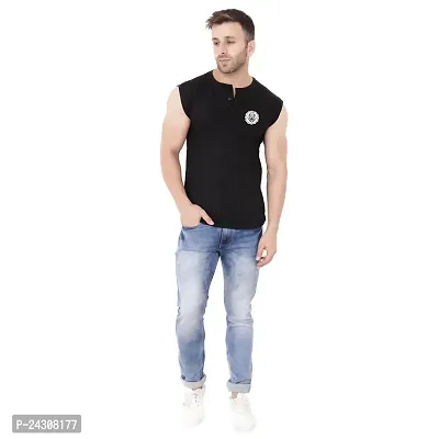 Stylish Black Cotton Blend Sleeveless Solid T-Shirt For Men-thumb3