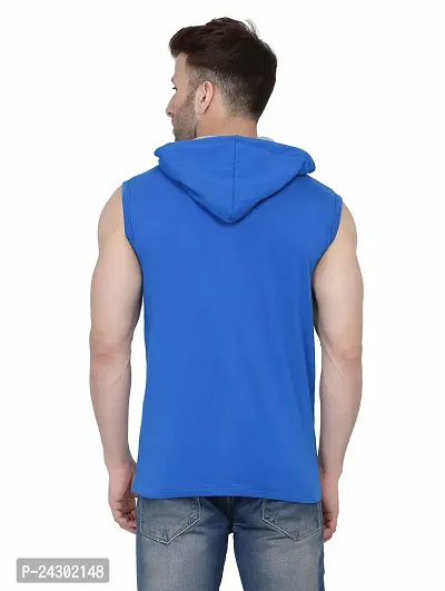 Stylish Blue Cotton Blend Solid Sleeveless Hoodies For Men-thumb2