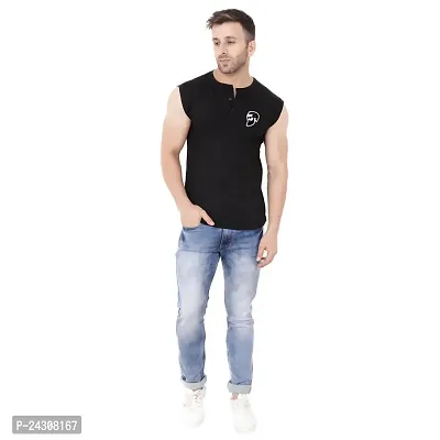 Stylish Black Cotton Blend Sleeveless Solid T-Shirt For Men-thumb3