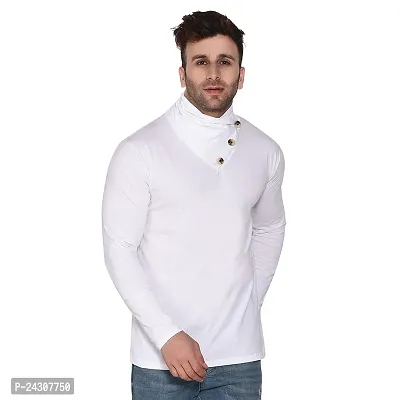 Stylish White Cotton Blend Long Sleeves Solid T-Shirt For Men