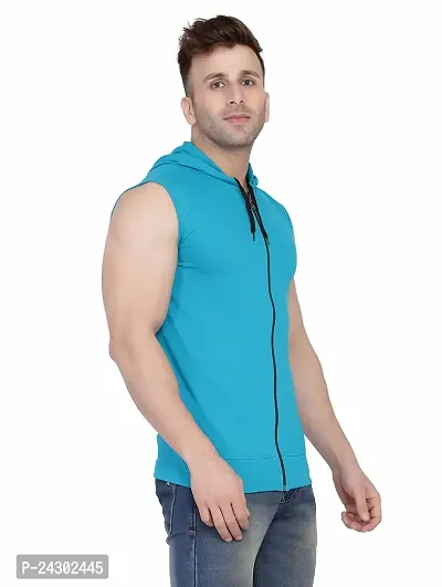 Stylish Turquoise Cotton Blend Solid Sleeveless Hoodies For Men-thumb0