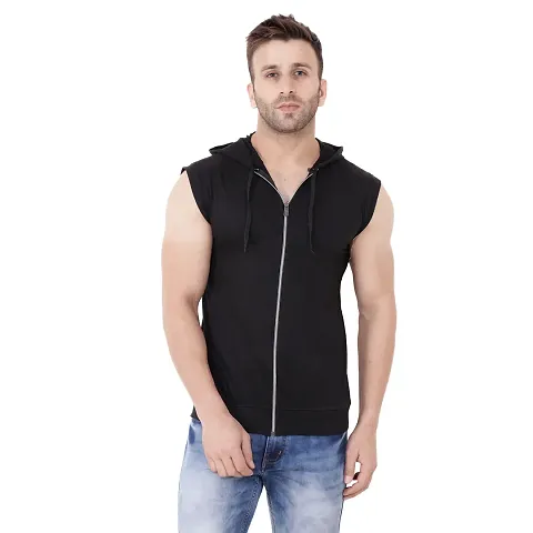 Stylish Blend Solid Sleeveless Hoodies For Men