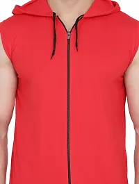 Stylish Red Cotton Blend Solid Sleeveless Hoodies For Men-thumb4