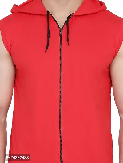 Stylish Red Cotton Blend Solid Sleeveless Hoodies For Men-thumb5