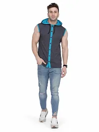 Stylish Grey Cotton Blend Solid Sleeveless Hoodies For Men-thumb3