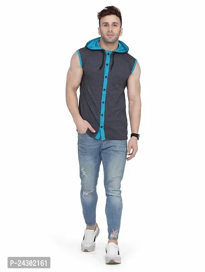 Stylish Grey Cotton Blend Solid Sleeveless Hoodies For Men-thumb4