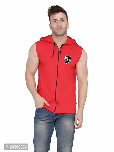 Stylish Red Cotton Blend Solid Sleeveless Hoodies For Men