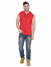 Stylish Red Cotton Blend Solid Sleeveless Hoodies For Men-thumb3