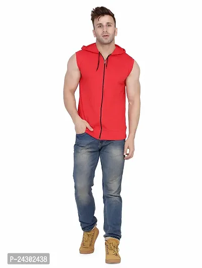 Stylish Red Cotton Blend Solid Sleeveless Hoodies For Men-thumb4