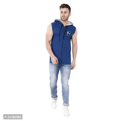 Stylish Blue Cotton Blend Solid Sleeveless Hoodies For Men-thumb4