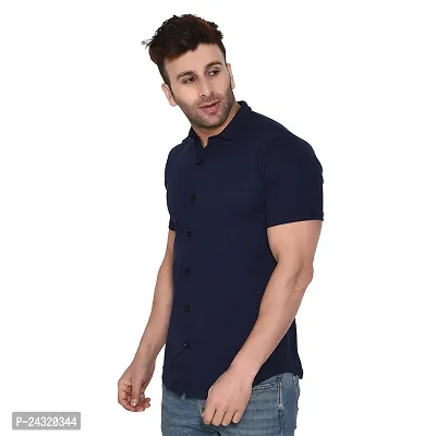 Stylish Navy Blue Cotton Blend Short Sleeves Regular Fit Casual Shirt For Men-thumb3