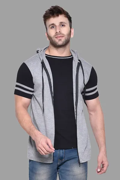 Stylish Blend Solid Short Sleeves Hoodies For Men