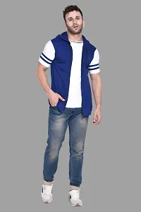 Stylish Blue Cotton Blend Solid Short Sleeves Hoodies For Men-thumb3