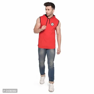 Stylish Red Cotton Blend Solid Sleeveless Hoodies For Men-thumb4