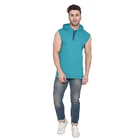 Stylish Turquoise Cotton Blend Solid Sleeveless Hoodies For Men-thumb4