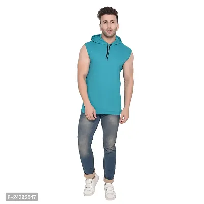 Stylish Turquoise Cotton Blend Solid Sleeveless Hoodies For Men-thumb5