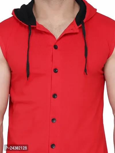 Stylish Red Cotton Blend Solid Sleeveless Hoodies For Men-thumb5