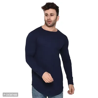 Stylish Navy Blue Cotton Blend Long Sleeves Solid T-Shirt For Men-thumb0