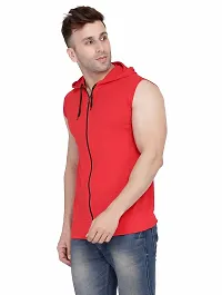 Stylish Red Cotton Blend Solid Sleeveless Hoodies For Men-thumb2