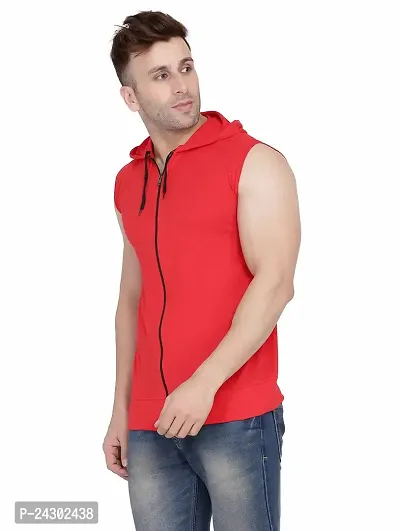 Stylish Red Cotton Blend Solid Sleeveless Hoodies For Men-thumb3