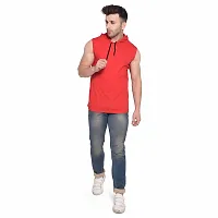 Stylish Red Cotton Blend Solid Sleeveless Hoodies For Men-thumb3