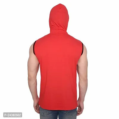 Stylish Red Cotton Blend Solid Sleeveless Hoodies For Men-thumb2