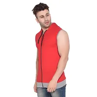 Stylish Red Cotton Blend Solid Sleeveless Hoodies For Men-thumb2