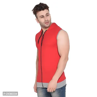 Stylish Red Cotton Blend Solid Sleeveless Hoodies For Men-thumb3