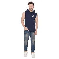 Stylish Navy Blue Cotton Blend Solid Sleeveless Hoodies For Men-thumb3