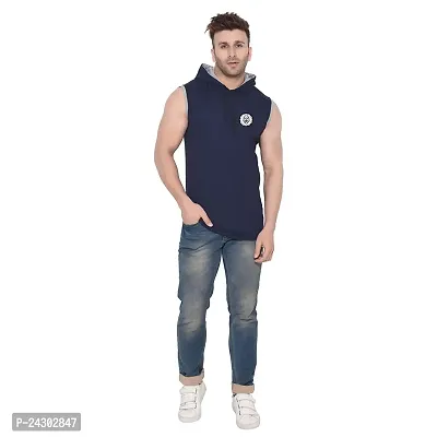 Stylish Navy Blue Cotton Blend Solid Sleeveless Hoodies For Men-thumb4